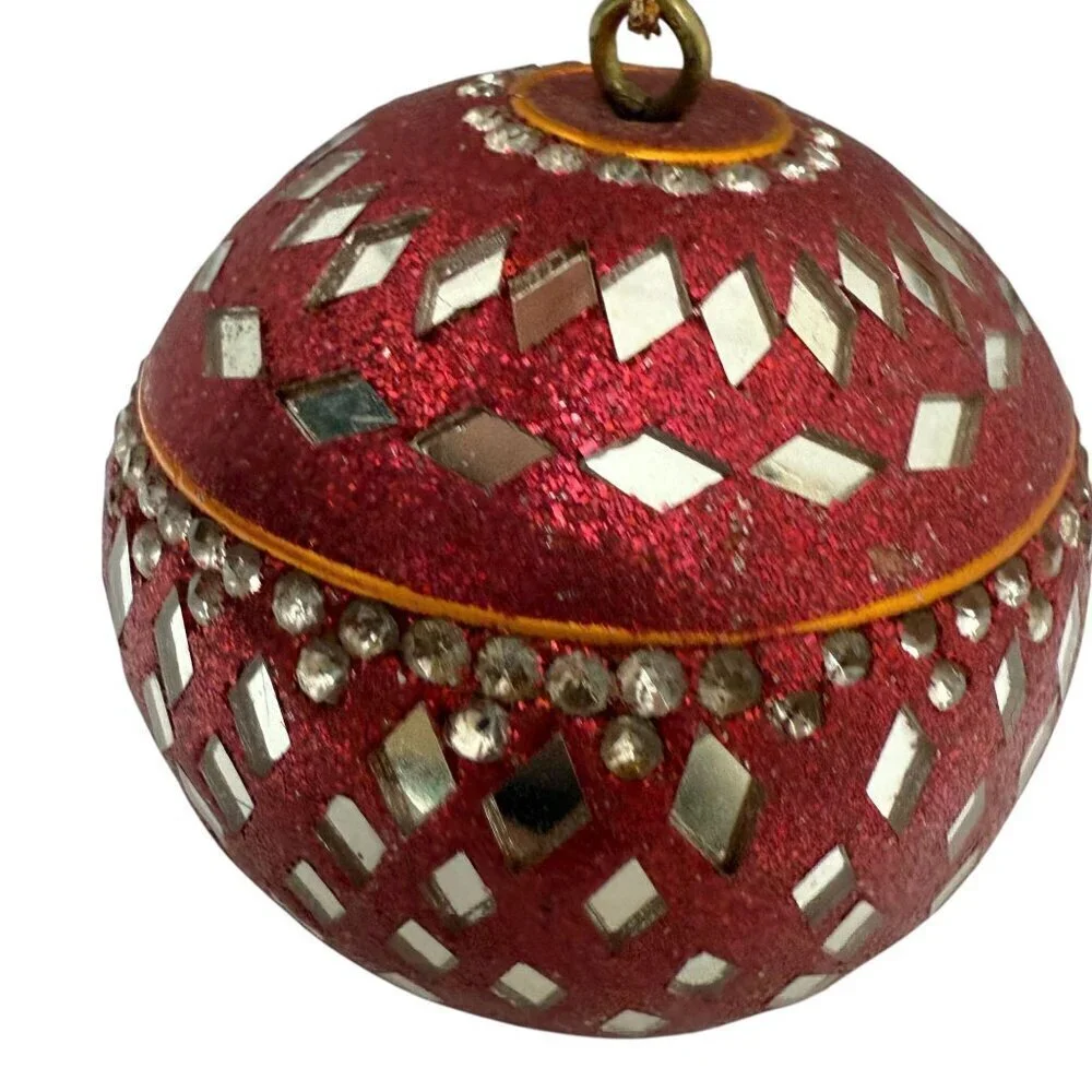 Vintage Indian Beaded Mirror Ball Christmas Ornament Boho Hippie Red Blue Gold